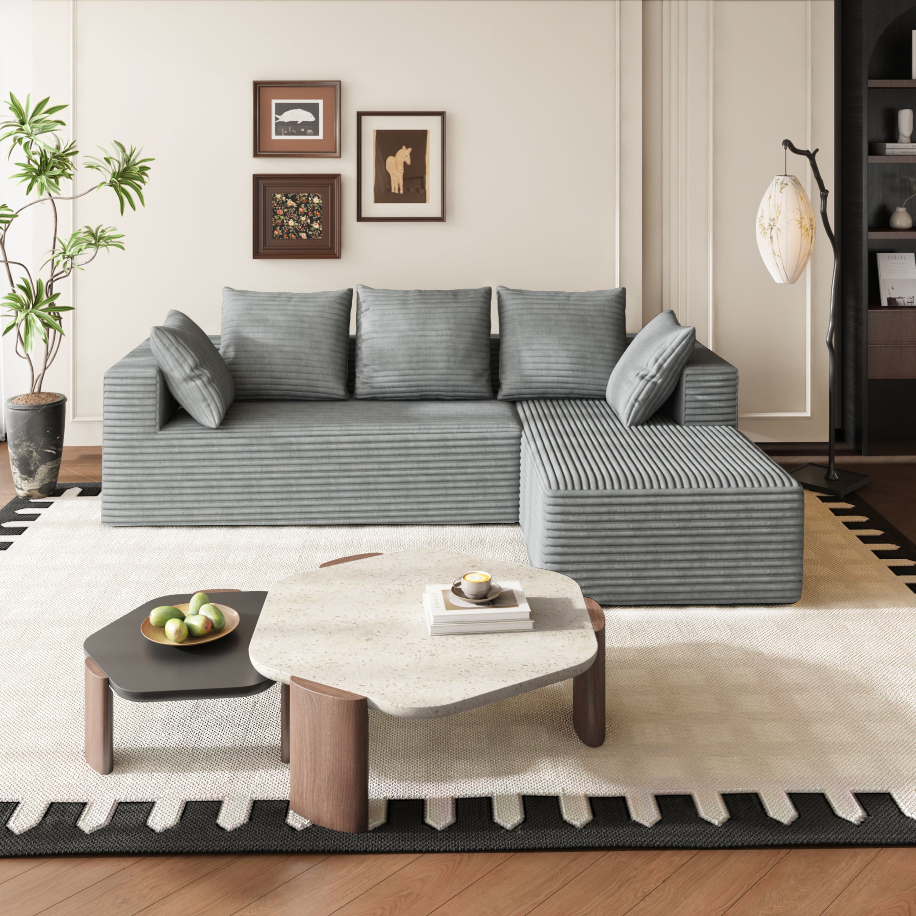 Fvbeaya 106 Inch Cloud Sectional Couch, Modern Modular Sofa with L-Shape Chaise, Corduroy Couches for Living Room Bedroom, No Assembly Required, （Right Side Lounger, grey）