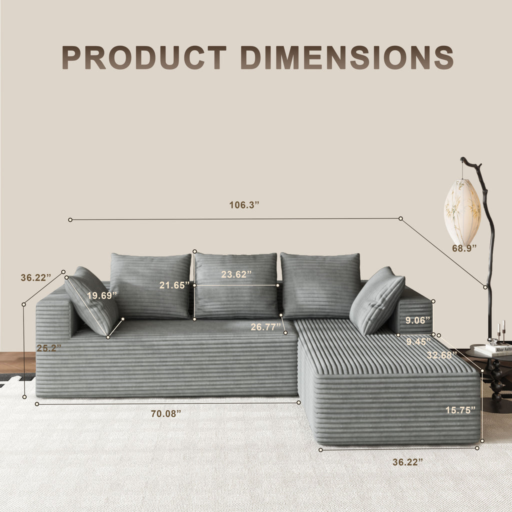 Fvbeaya 106 Inch Cloud Sectional Couch, Modern Modular Sofa with L-Shape Chaise, Corduroy Couches for Living Room Bedroom, No Assembly Required, （Right Side Lounger, grey）