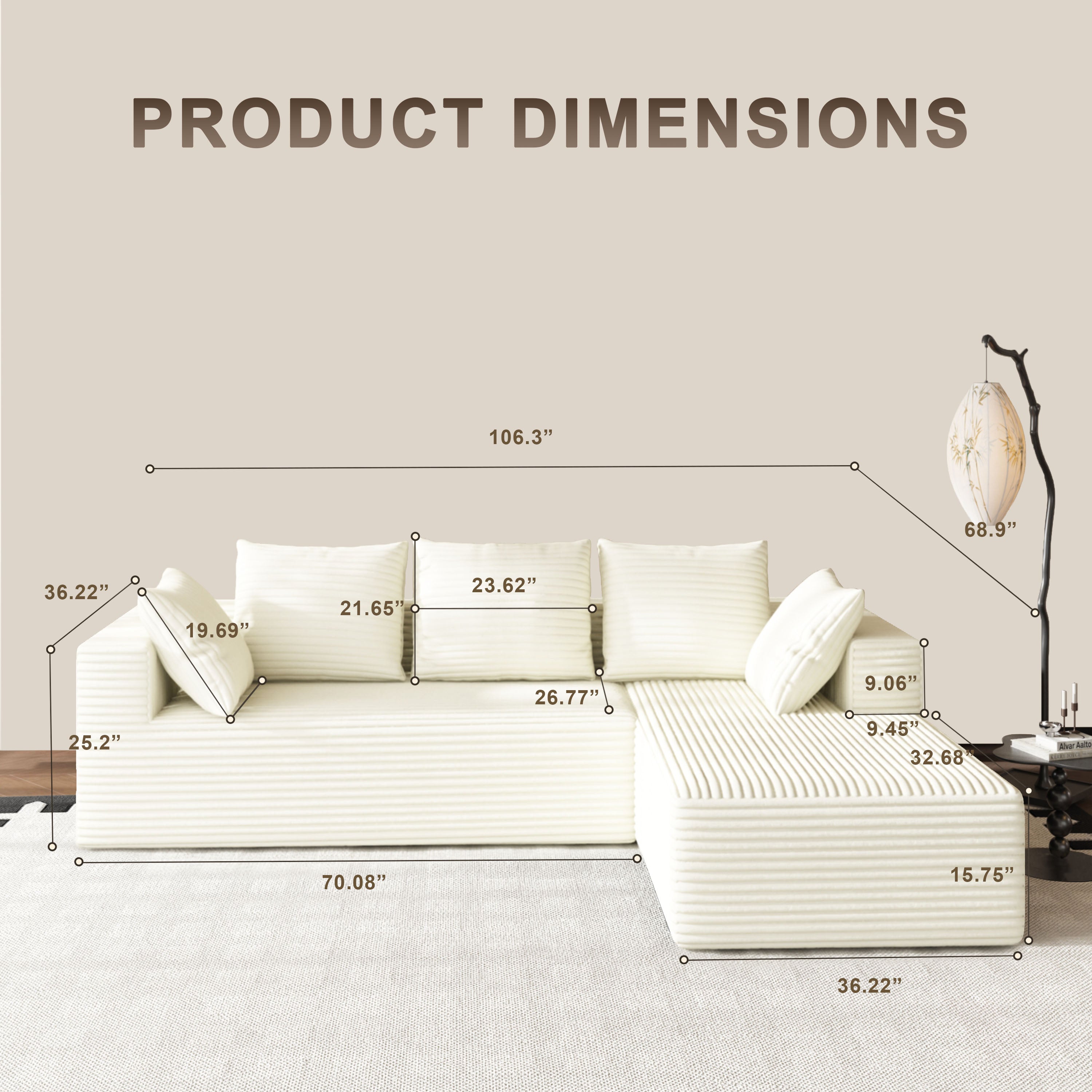 Fvbeaya 106 Inch Cloud Sectional Couch, Modern Modular Sofa with L-Shape Chaise, Corduroy Couches for Living Room Bedroom, No Assembly Required, （Right Side Lounger, White）