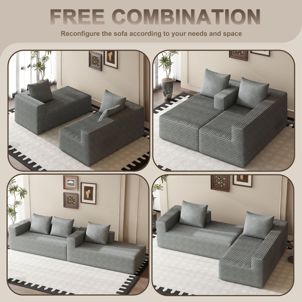 Fvbeaya 106 Inch Cloud Sectional Couch, Modern Modular Sofa with L-Shape Chaise, Corduroy Couches for Living Room Bedroom, No Assembly Required, （Right Side Lounger, grey）