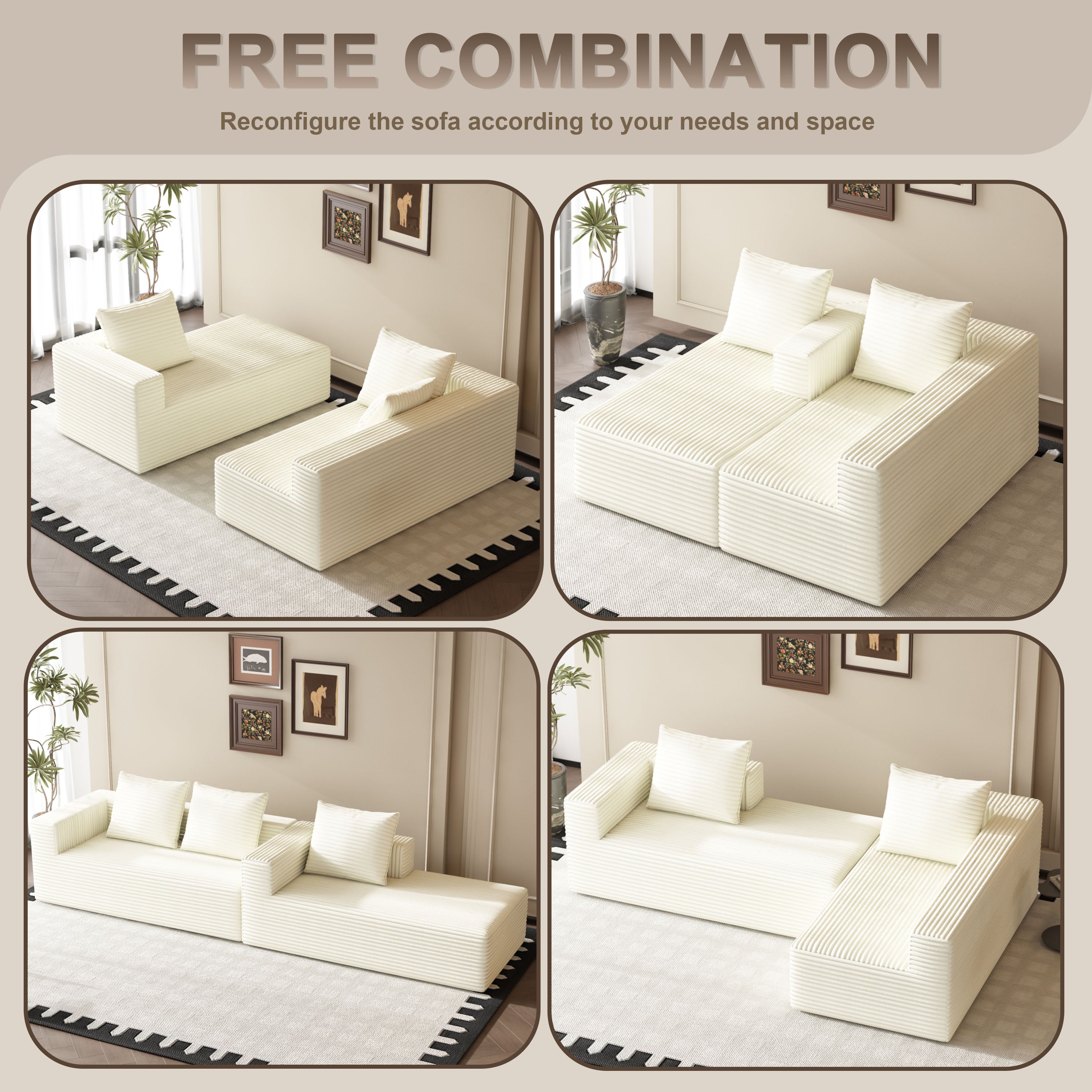 Fvbeaya 106 Inch Cloud Sectional Couch, Modern Modular Sofa with L-Shape Chaise, Corduroy Couches for Living Room Bedroom, No Assembly Required, （Right Side Lounger, White）