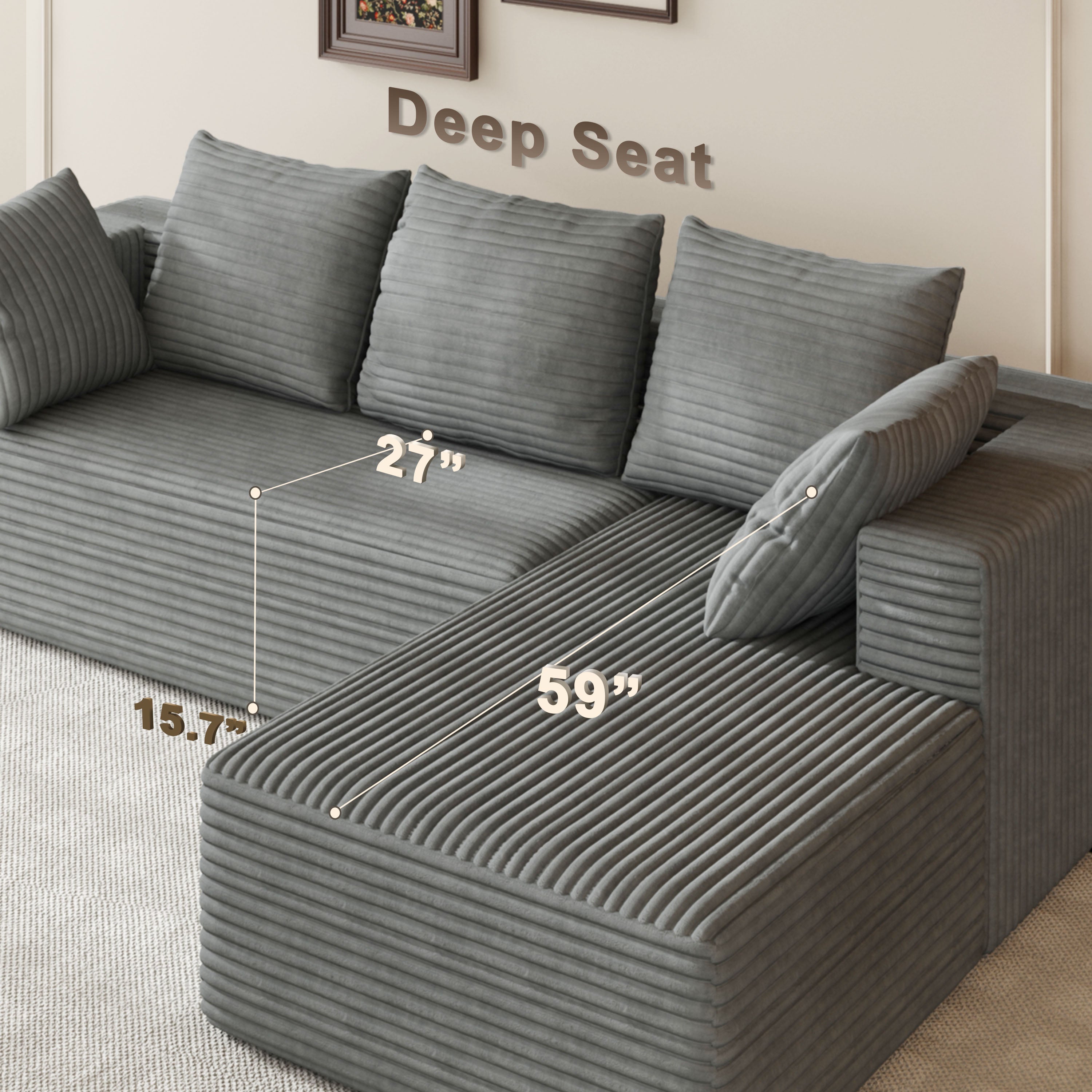 Fvbeaya 106 Inch Cloud Sectional Couch, Modern Modular Sofa with L-Shape Chaise, Corduroy Couches for Living Room Bedroom, No Assembly Required, （Right Side Lounger, grey）