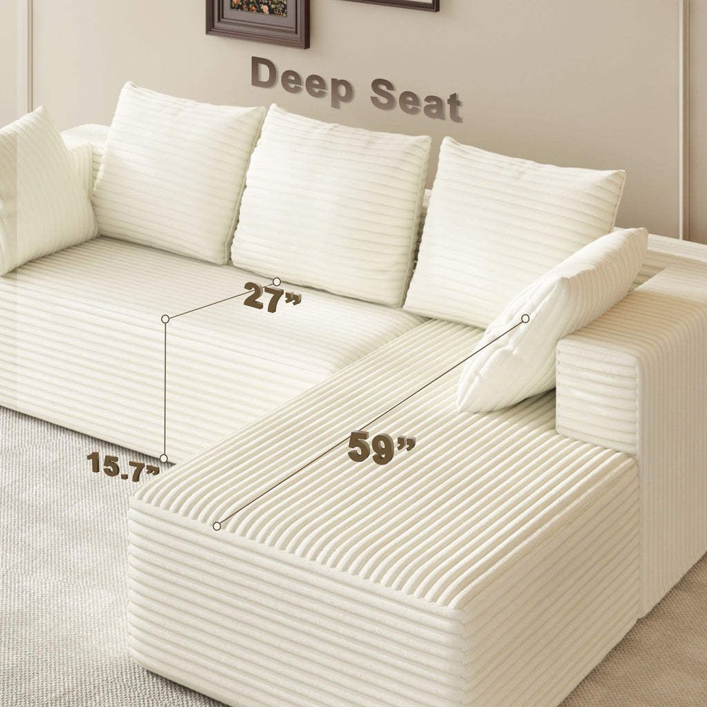 Fvbeaya 106 Inch Cloud Sectional Couch, Modern Modular Sofa with L-Shape Chaise, Corduroy Couches for Living Room Bedroom, No Assembly Required, （Right Side Lounger, White）