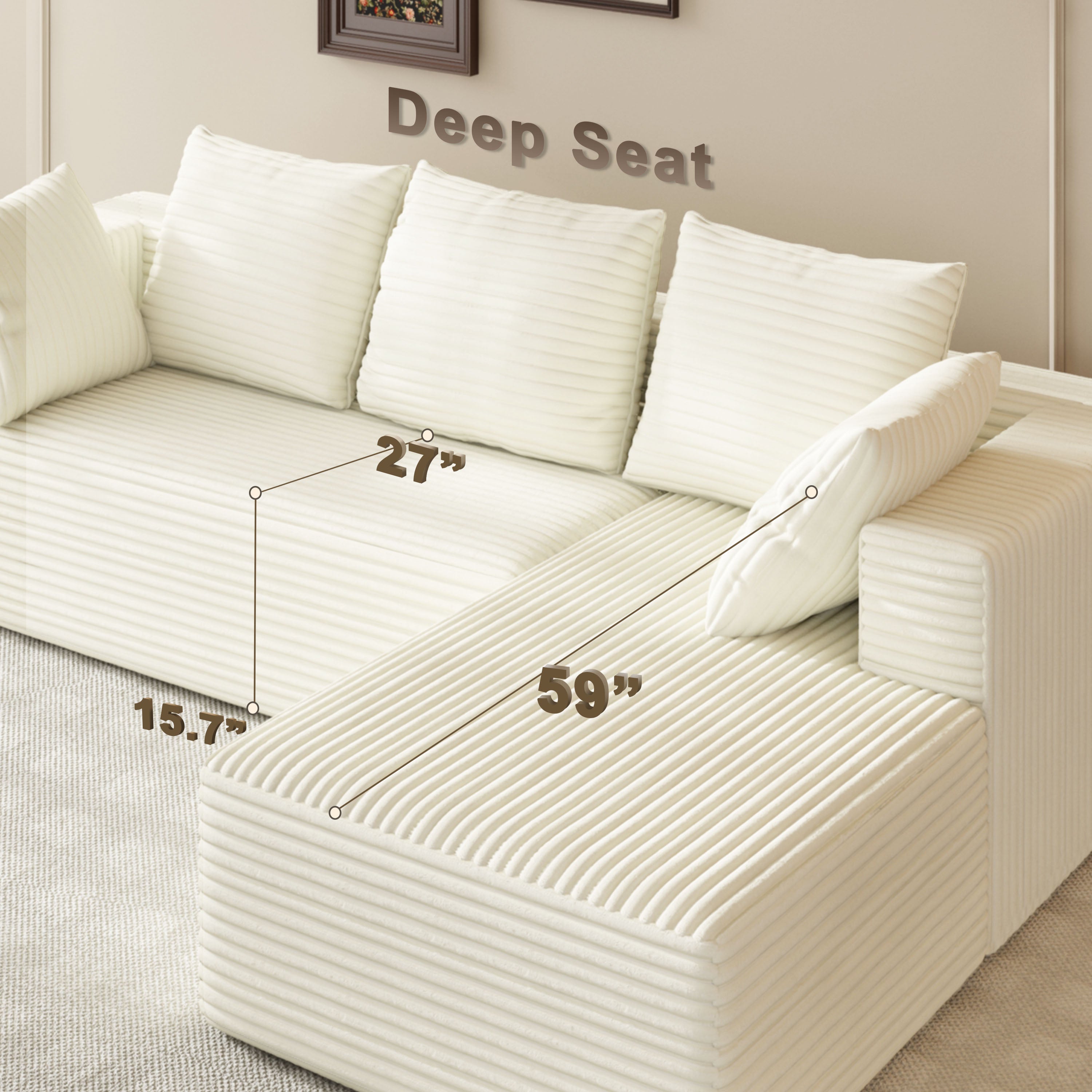 Fvbeaya 106 Inch Cloud Sectional Couch, Modern Modular Sofa with L-Shape Chaise, Corduroy Couches for Living Room Bedroom, No Assembly Required, （Right Side Lounger, White）