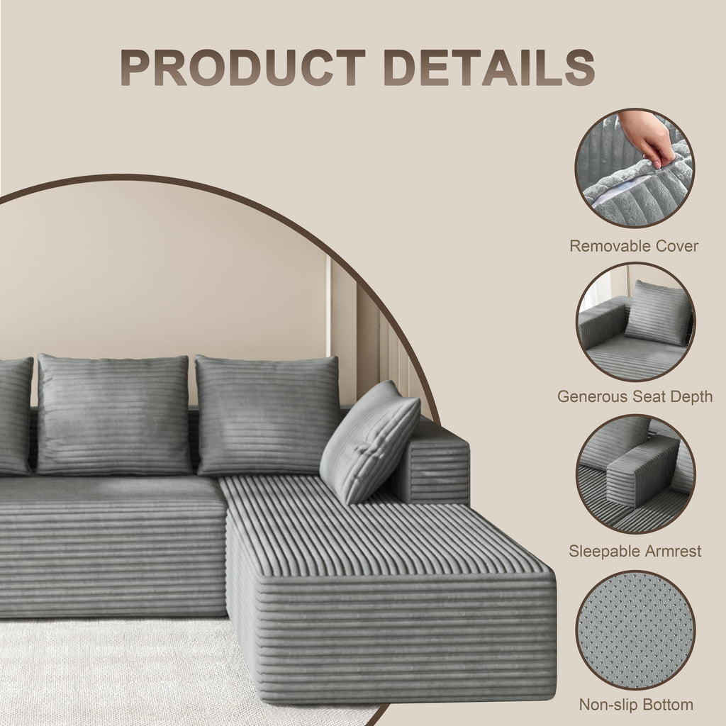 Fvbeaya 106 Inch Cloud Sectional Couch, Modern Modular Sofa with L-Shape Chaise, Corduroy Couches for Living Room Bedroom, No Assembly Required, （Right Side Lounger, grey）