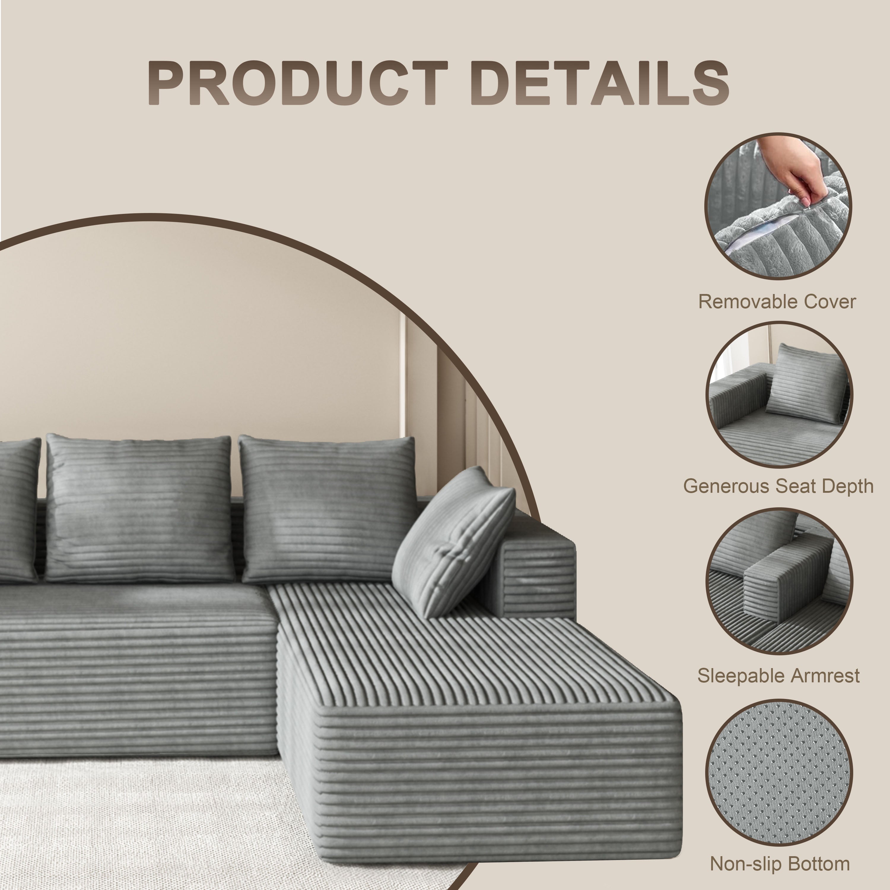 Fvbeaya 106 Inch Cloud Sectional Couch, Modern Modular Sofa with L-Shape Chaise, Corduroy Couches for Living Room Bedroom, No Assembly Required, （Right Side Lounger, grey）