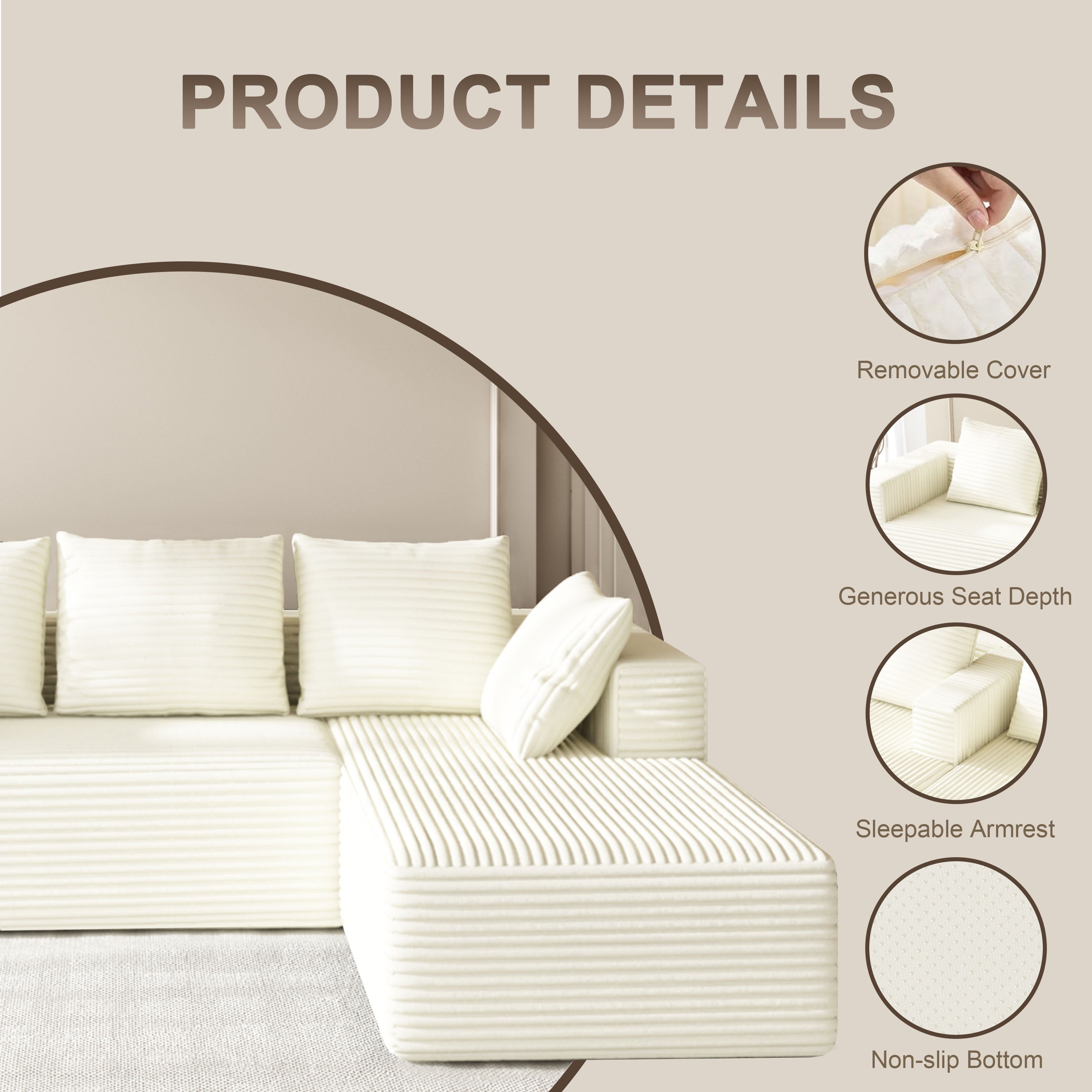 Fvbeaya 106 Inch Cloud Sectional Couch, Modern Modular Sofa with L-Shape Chaise, Corduroy Couches for Living Room Bedroom, No Assembly Required, （Right Side Lounger, White）